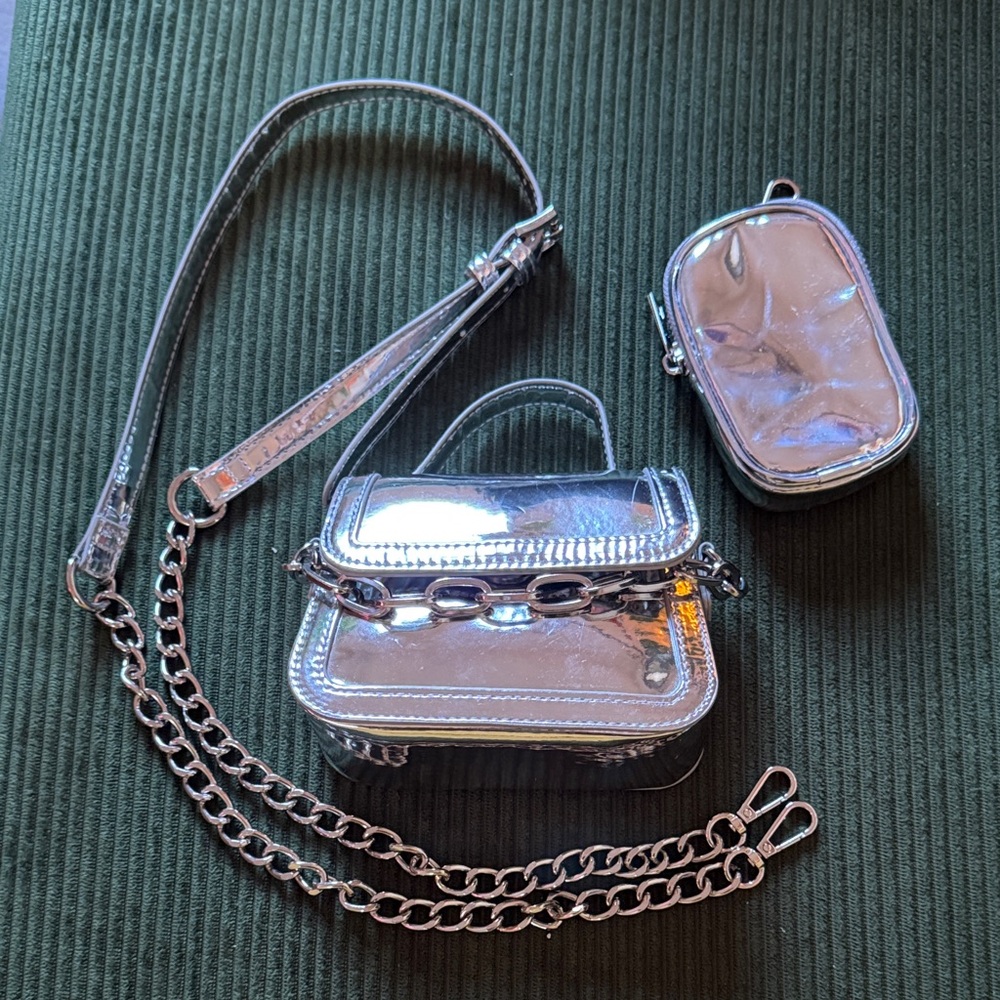 Madden Girl Silver Metallic Mini Crossbody Bag with Detachable Chain